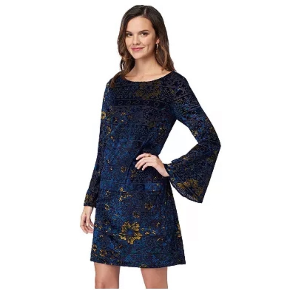 Indication Velvet Shift Dress bell sleeves Size S Navy and Gold Color New